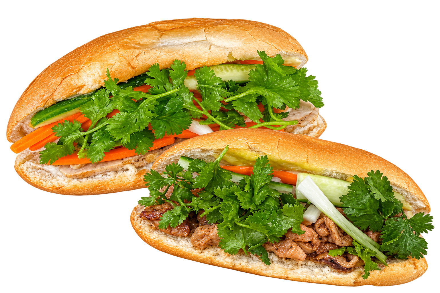 Two golden bánh mì filled with savoury meat, cucumber, pickled vegetables, and fresh cilantro