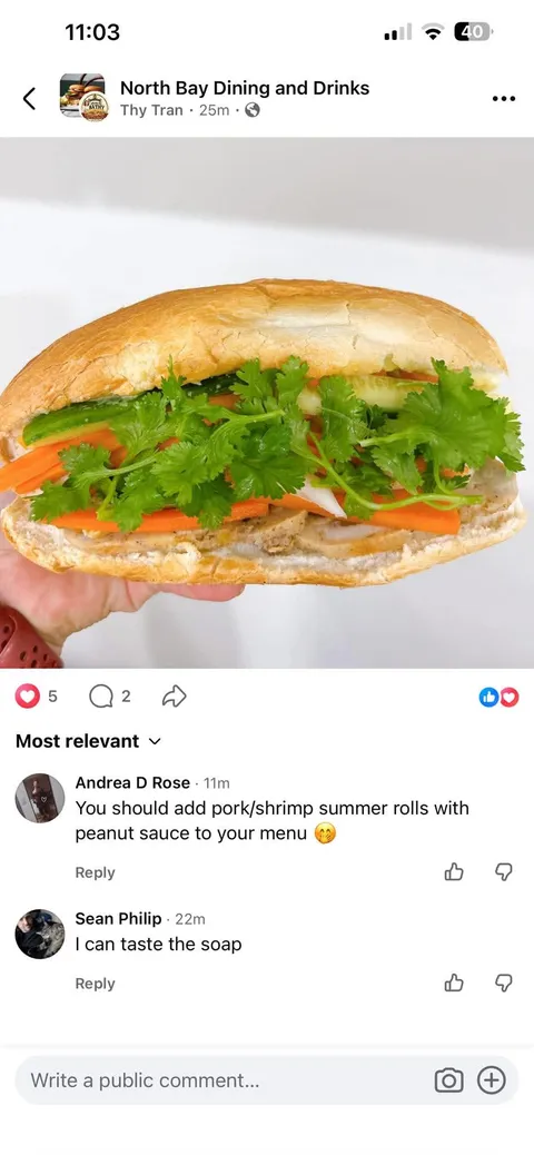 Close-up of a bánh mì packed with carrot, cucumber, and cilantro