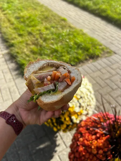A half-eaten bánh mì enjoyed outdoors beside a garden